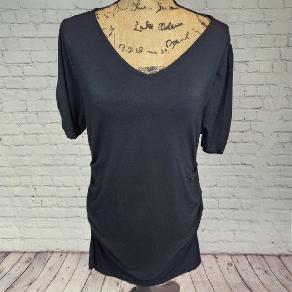 Soft Surroundings Black V-Neck Soft Ruched Sides Short Sleeve Top Size XL